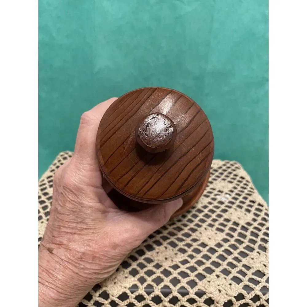 Antique Turned Maple Wood Lidded Cylindric Canister Lid Having Button Cap Finial